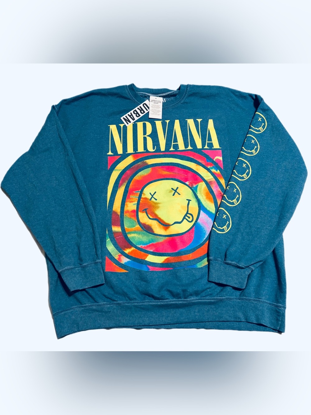 Urban Outfitters Teal Nirvana Tie-Dye Smiley Graphic Sweatshirt